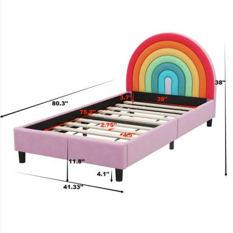 Cama individual tapizada con diseño de arcoíris, estilo princesa, para niños, niñas y adolescentes.
