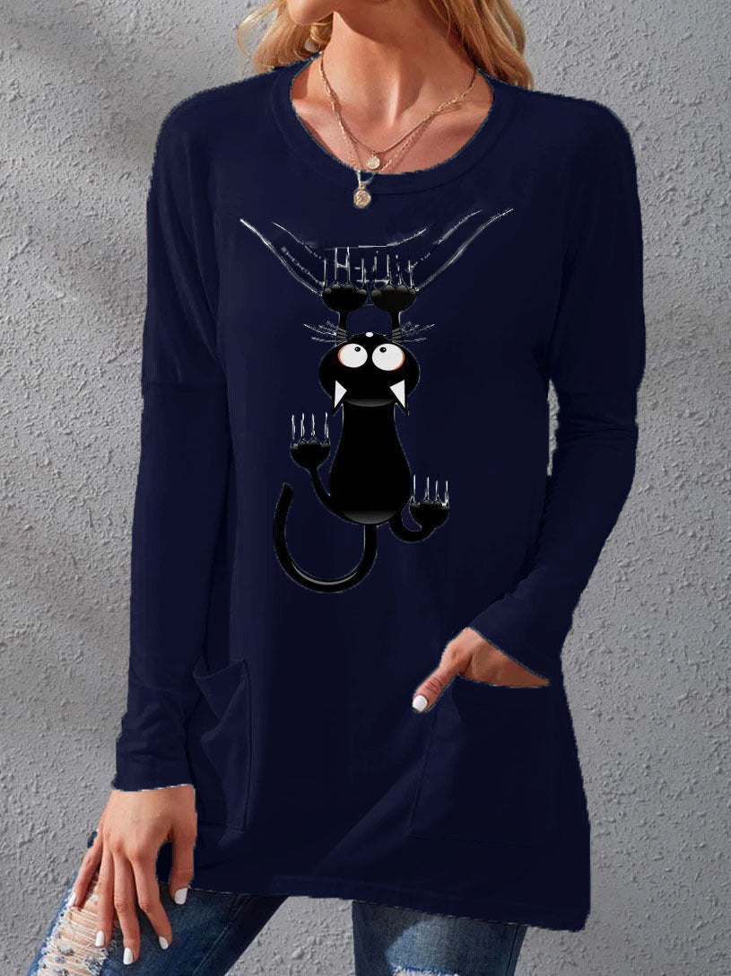 Women's Pocket Round Neck T-shirt Printed Loose Long Sleeve Dress