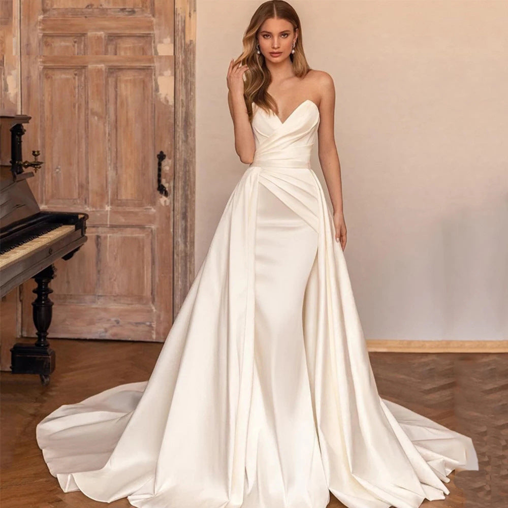 Vestido tubo de satén sexy sin espalda, cintura alta, adelgazante, con cola y desmontable en dos direcciones