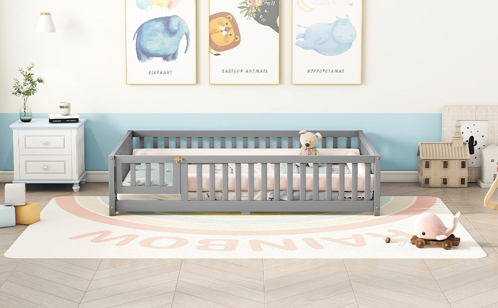 Cama de tamaño completo con barandillas de seguridad y puerta para niños, color gris