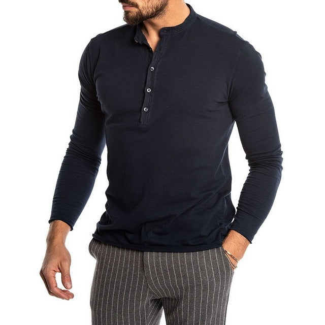 Camisetas con cuello redondo y manga larga de color liso a la moda para hombre