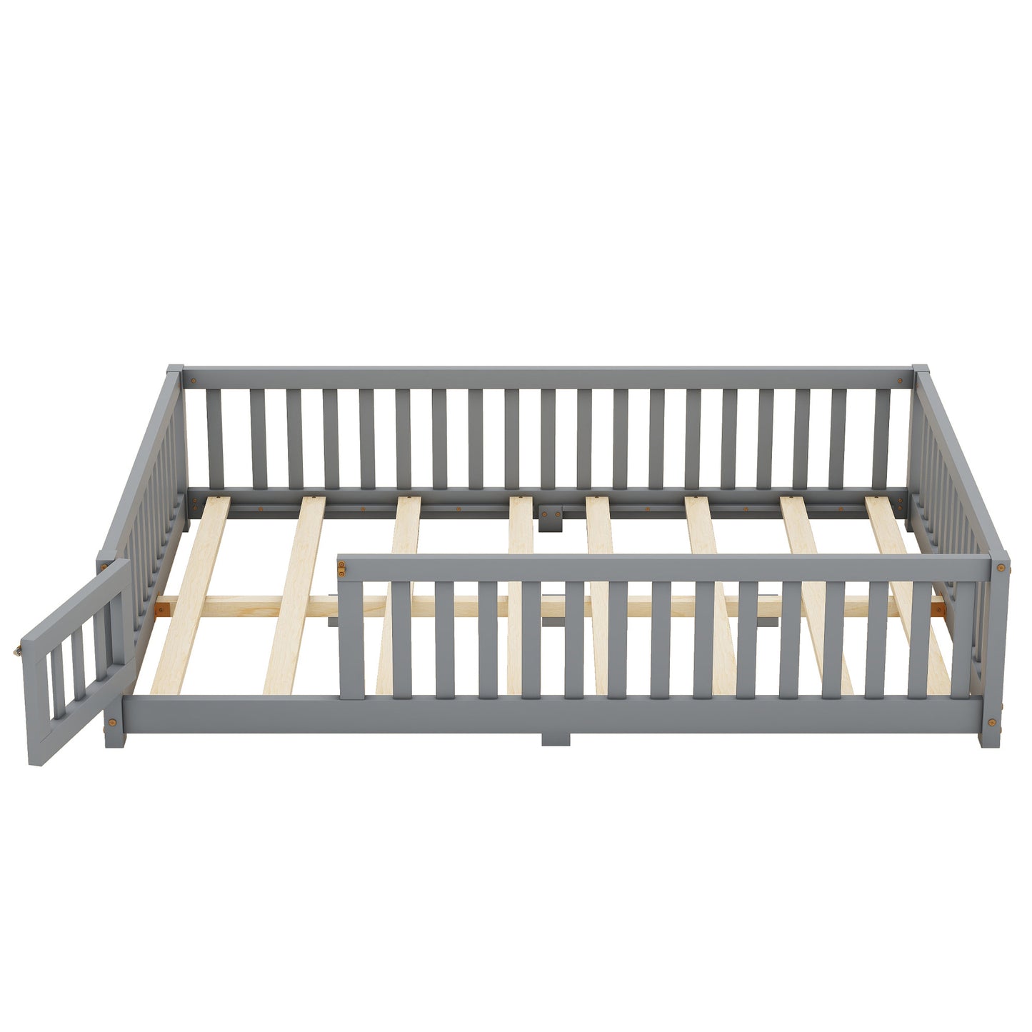 Cama de tamaño completo con barandillas de seguridad y puerta para niños, color gris