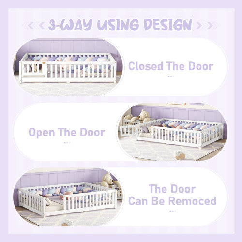 Cama de tamaño completo con barandillas de seguridad y puerta para niños, color blanco