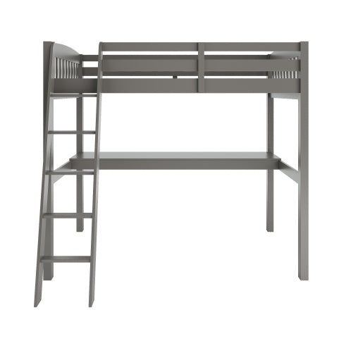 Cama alta Everest gris con escritorio y espacio de almacenamiento. Estructura de madera maciza resistente de tamaño completo con escaleras para niños pequeños. No necesita somier.
