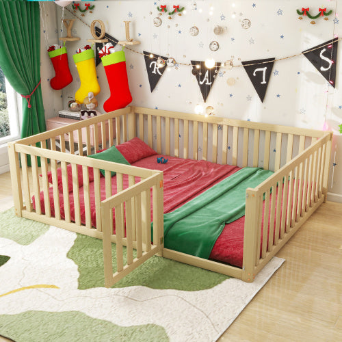 Kinderbett 140 X 200 Holzboden Bettrahmen Mit Zaun Und Tur Holzfarbe