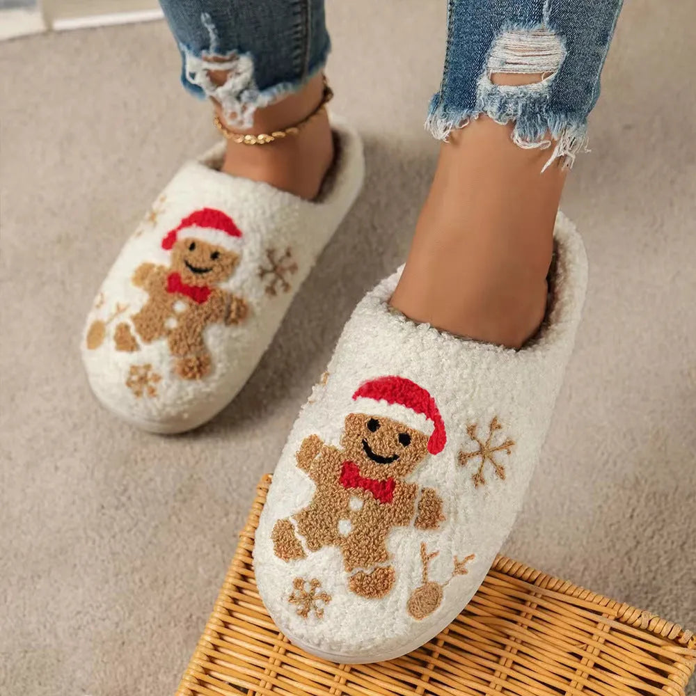 Zapatillas navideñas de pan de jengibre con copos de nieve para mujer, zapatos de casa peludos antideslizantes para interiores, para invierno