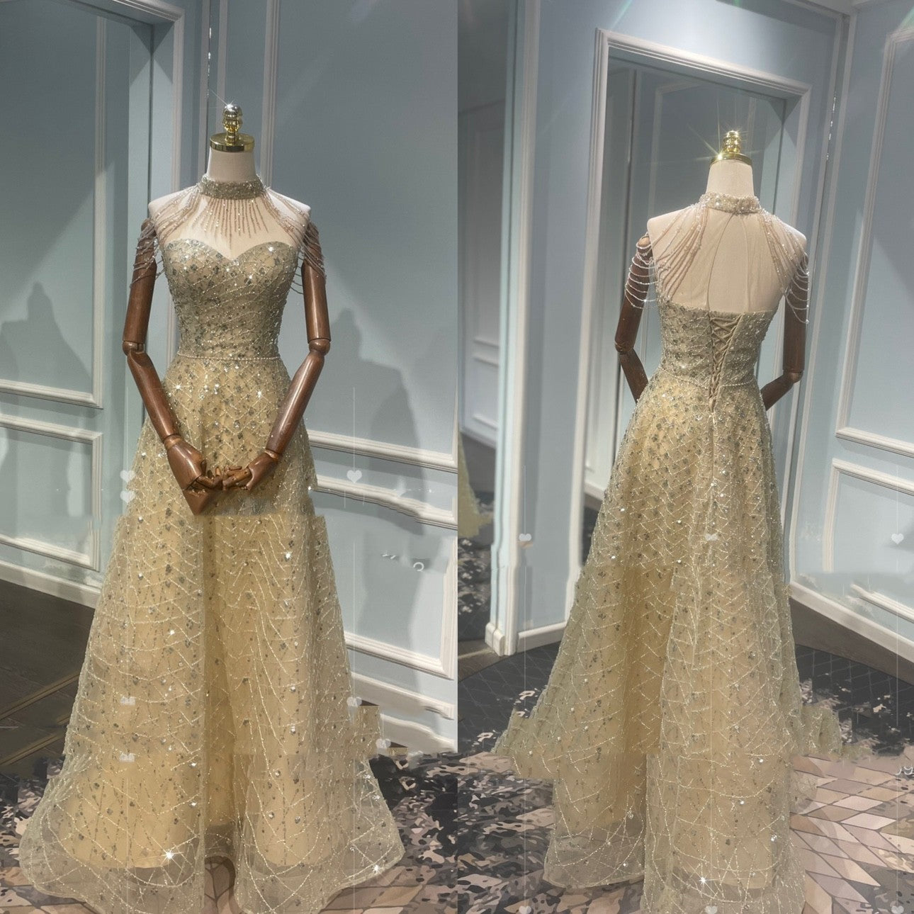 Vestido de noche de lujo tostado con cuello dorado y colgante ligero