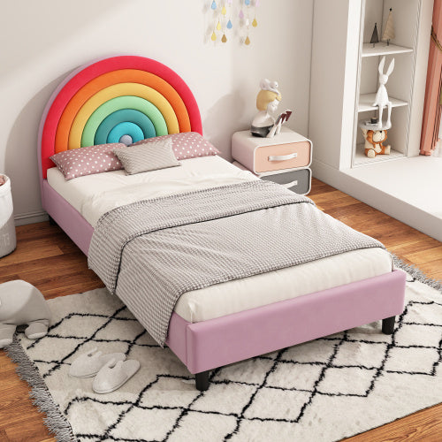 Cama individual tapizada con diseño de arcoíris, estilo princesa, para niños, niñas y adolescentes.
