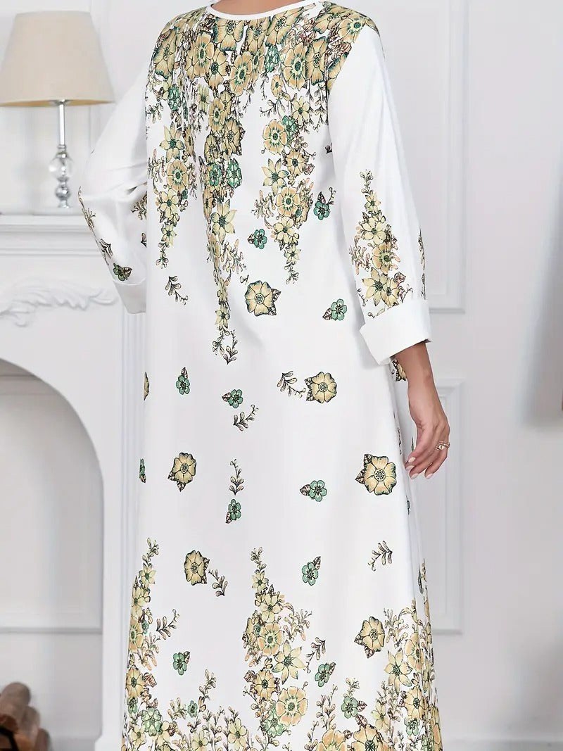 Elegante vestido de noche con flores y diamantes - Vestido largo de mujer con cuello redondo y manga larga