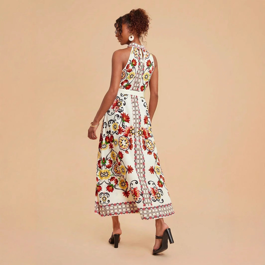 Women's Floral Print Lace-up Sleeveless Mid-length Dress
