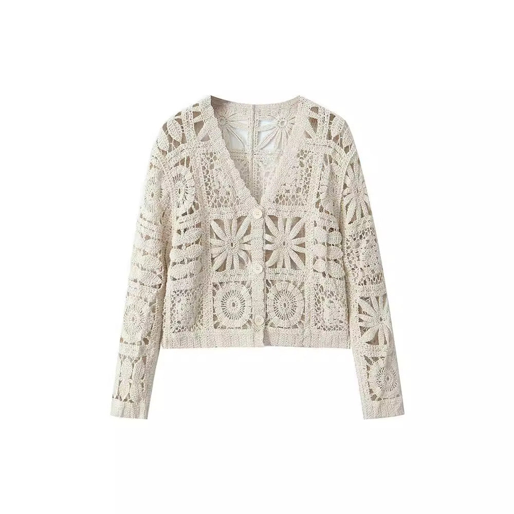 Women's Fashion Three-dimensional Hollow-out Crocheted V-neck Knitted Cardigan Wide-leg Lace Pants