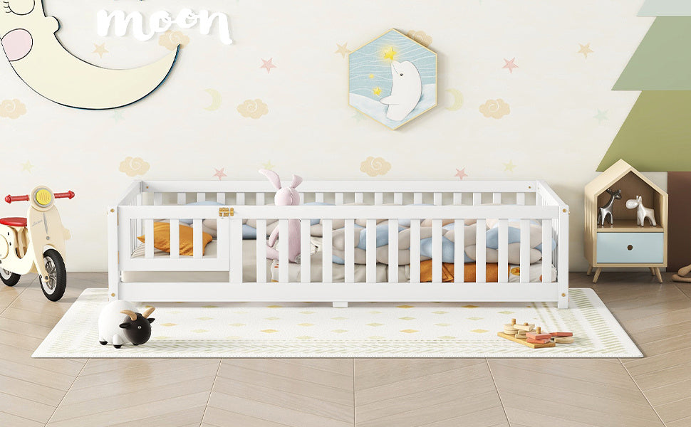 Twin Size Bed Floor Bed With Safety Guardrails And Door For Kids, White