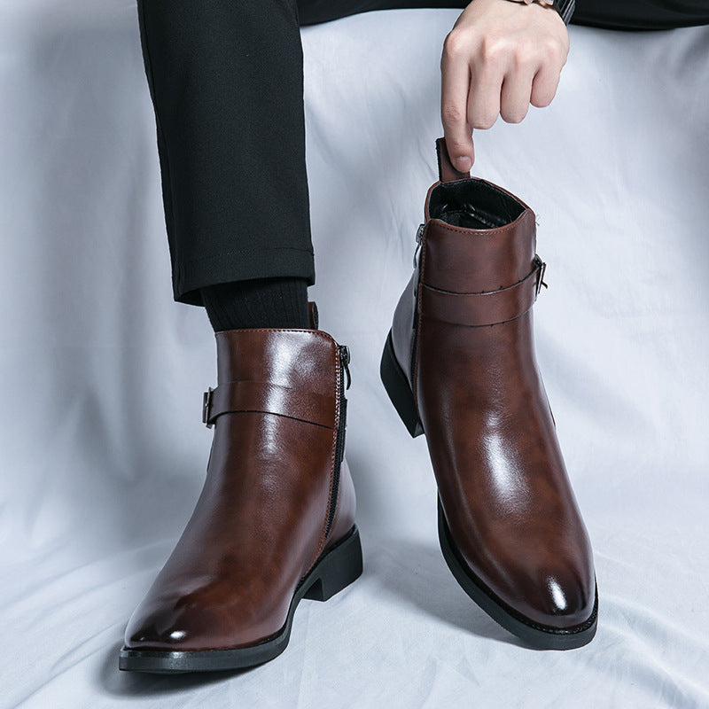 Zapatos de cuero de caña alta de moda de estilo británico para hombres Botas Martin de media caña con cremallera lateral