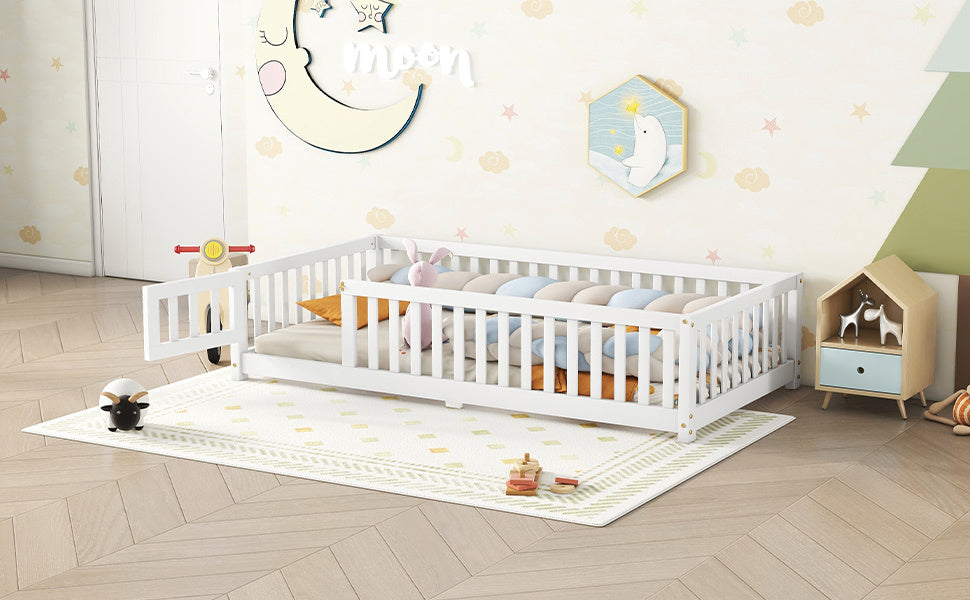 Twin Size Bed Floor Bed With Safety Guardrails And Door For Kids, White