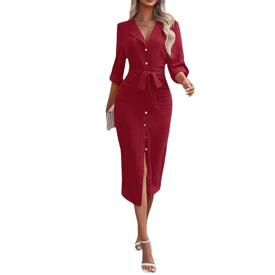 Women's Solid Color Polo Collar Lace-up Waist Dress