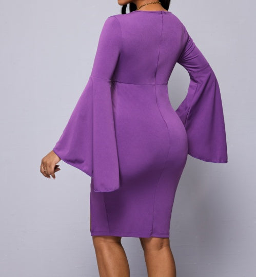 Vestido informal ajustado a la cadera con mangas de encaje de color liso para mujer