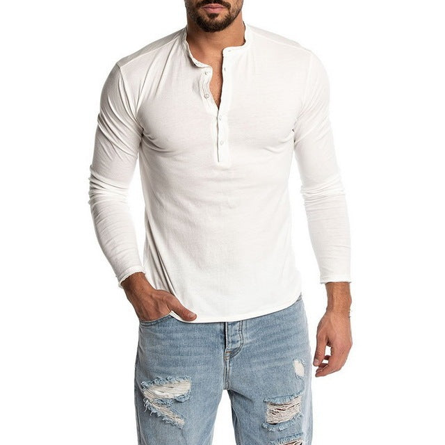 Camisetas con cuello redondo y manga larga de color liso a la moda para hombre