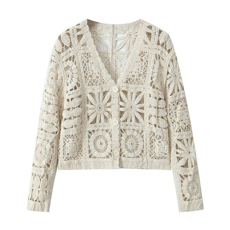 Women's Fashion Three-dimensional Hollow-out Crocheted V-neck Knitted Cardigan Wide-leg Lace Pants