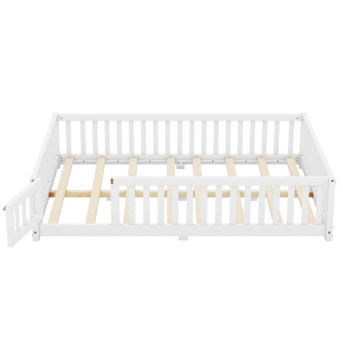 Cama de tamaño completo con barandillas de seguridad y puerta para niños, color blanco