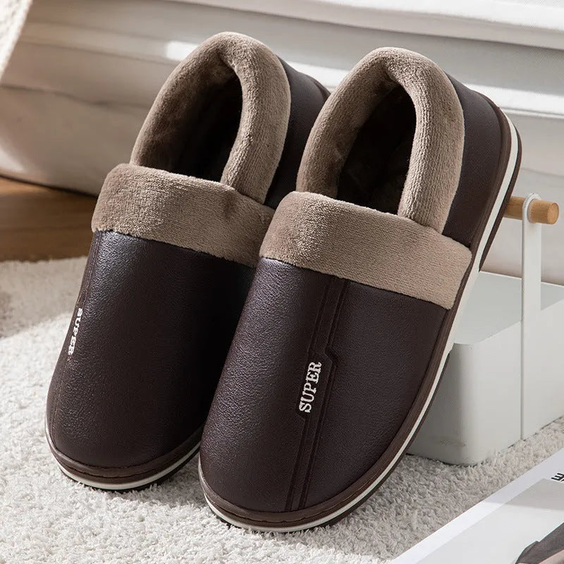 Zapatillas de cuero impermeables con fondo grueso, zapatos cálidos antideslizantes para interiores