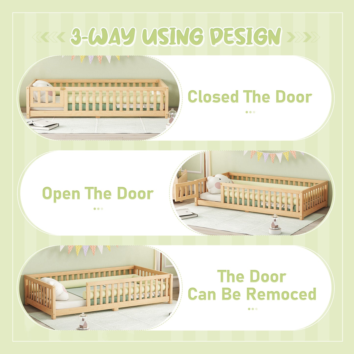 Twin Size Bed Floor Bed With Safety Guardrails And Door For Kids, Natural