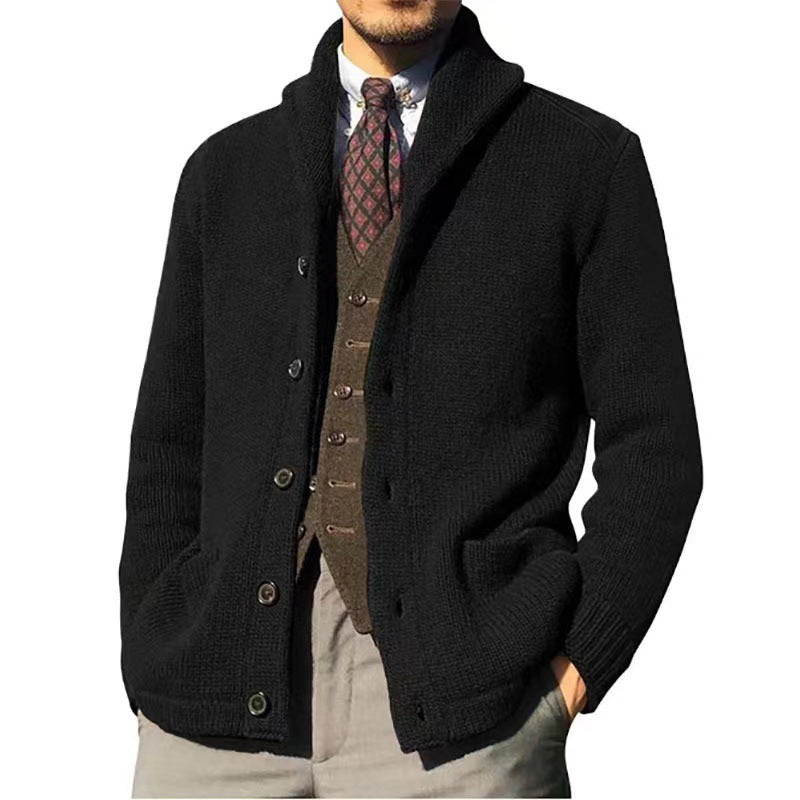 Cárdigan con cuello tipo chal para hombre, suéter tejido con cables, frente abierto, botones, prendas de punto acanaladas, prendas de vestir con bolsillos