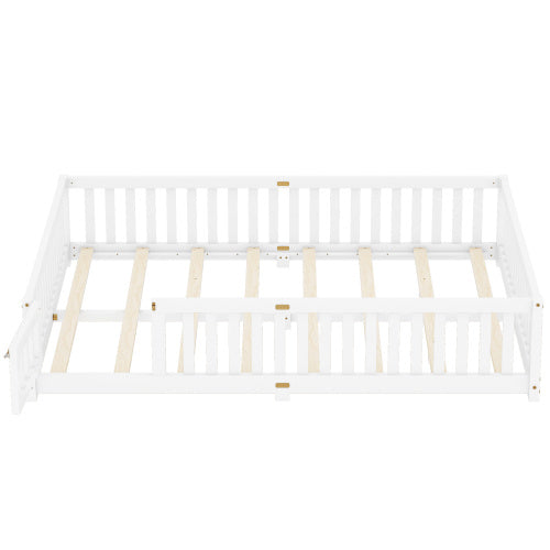 Cama Queen Size con base de suelo y barandillas de seguridad para niños, color blanco
