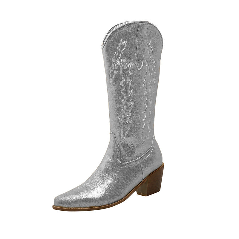 Botas de caballero con punta fluorescente y tacón grueso hasta media pantorrilla para mujer europea y americana