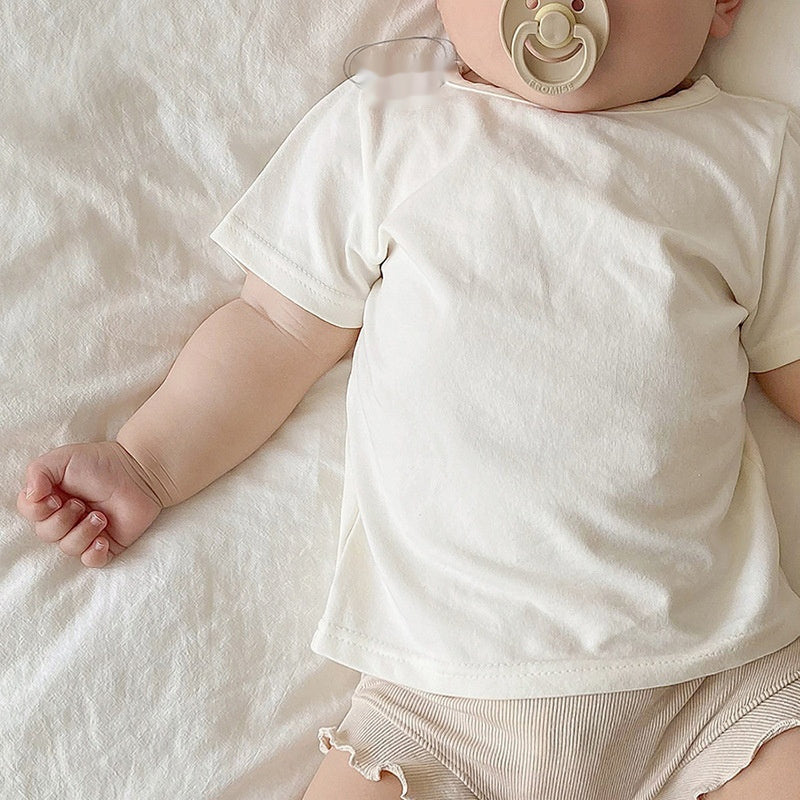 Conjunto de camiseta de manga corta con cuello redondo, color liso, para niños pequeños
