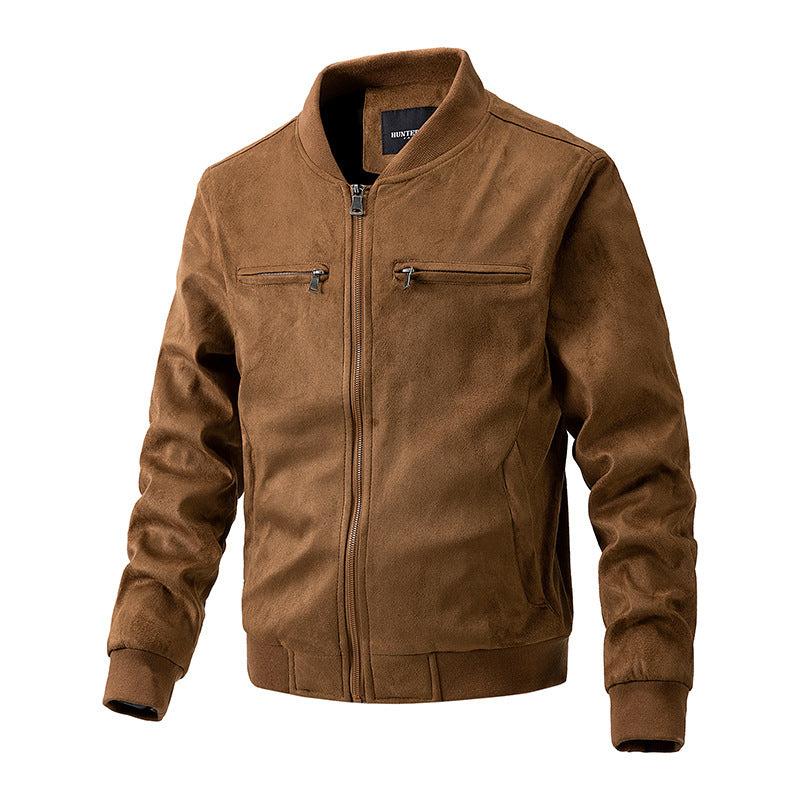 Chaqueta de ante con cuello alto para hombre Ropa con bolsillo con cremallera doble para hombre