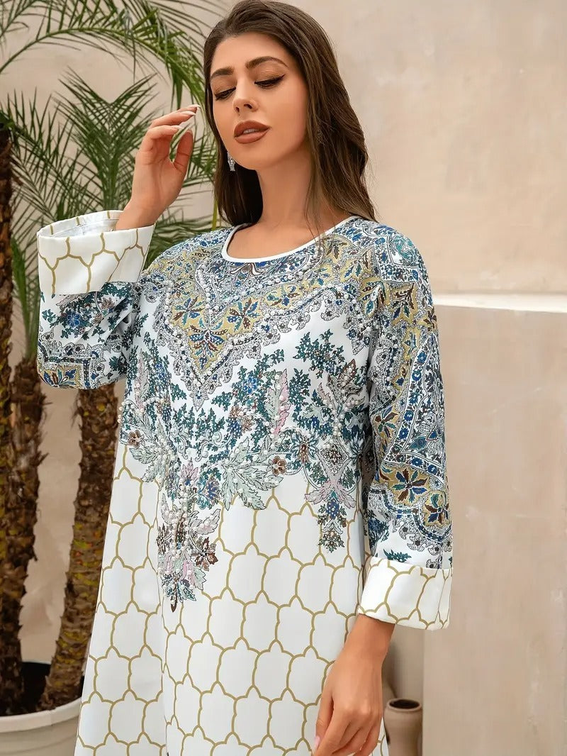 Abaya Yahua con estampado floral para mujer: vestido de manga larga y estilo regular