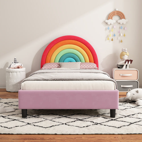 Cama individual tapizada con diseño de arcoíris, estilo princesa, para niños, niñas y adolescentes.