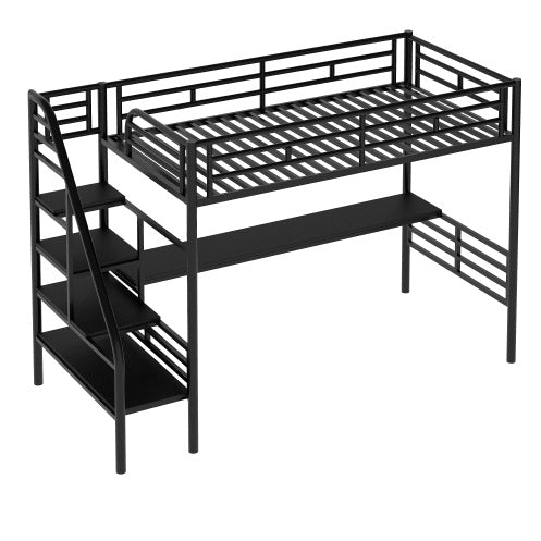 Cama alta de metal con escritorio, sin somier, tamaño individual, color negro
