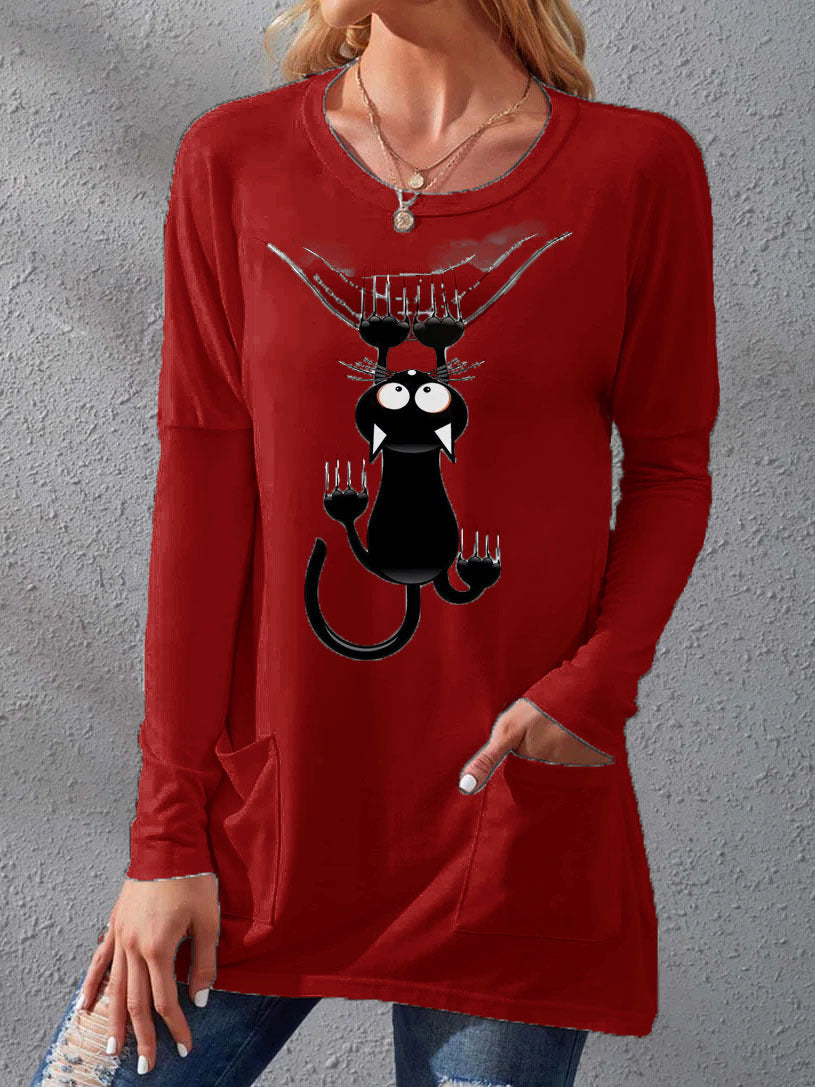 Women's Pocket Round Neck T-shirt Printed Loose Long Sleeve Dress