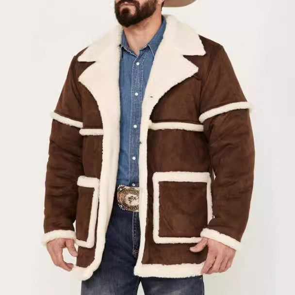 Chaqueta de forro polar dorada para hombre, abrigo grueso estilo británico con solapa de piel