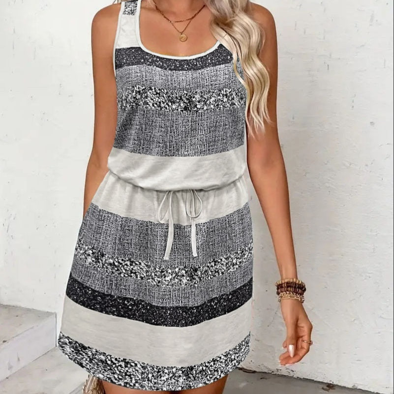 New Summer Plaid Striped Round Neck U-neck Vest Dress