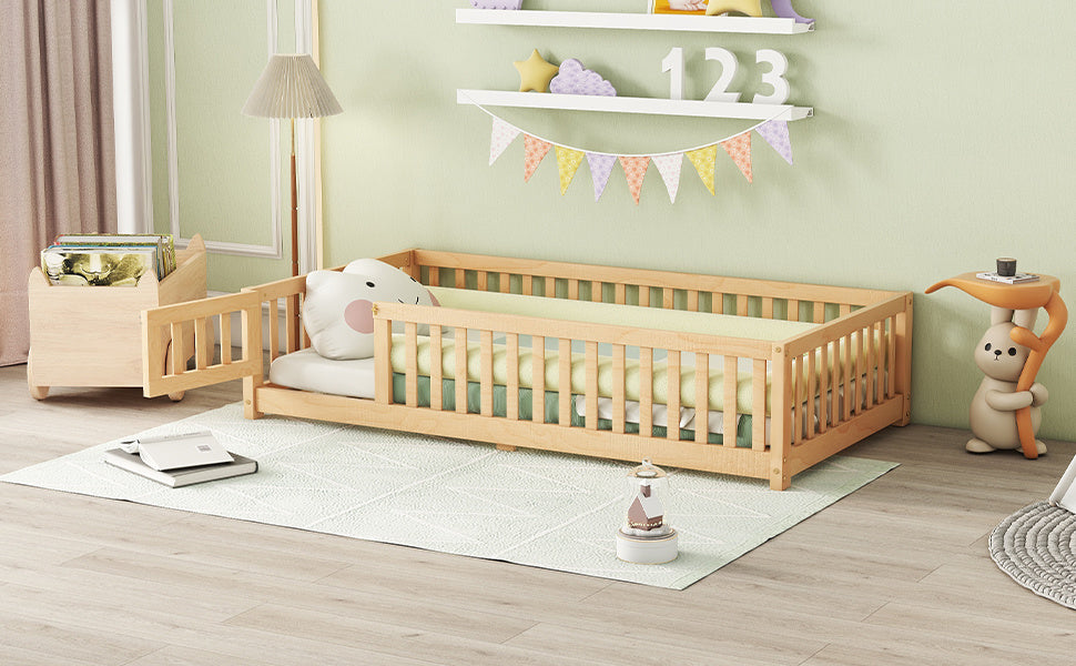 Twin Size Bed Floor Bed With Safety Guardrails And Door For Kids, Natural