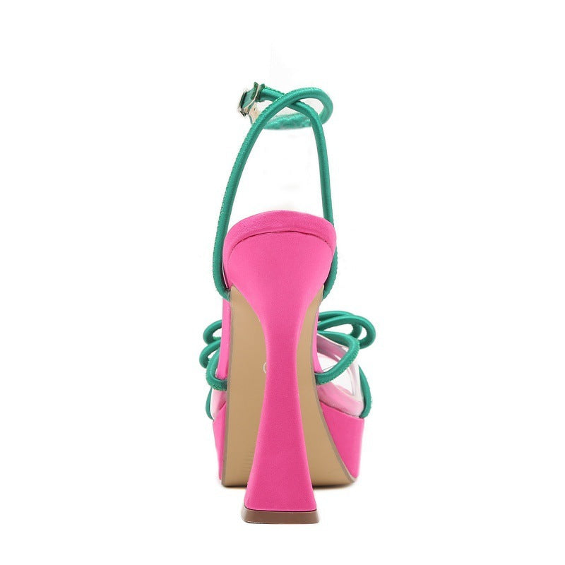 Tacones altos gruesos con suela gruesa, hebilla y lazo con colores brillantes