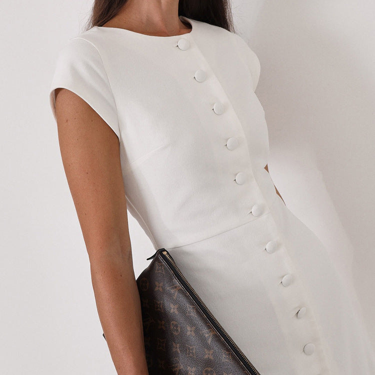 Waist-tight Single-breasted White Sheath Round Neck Flying Sleeves Dress