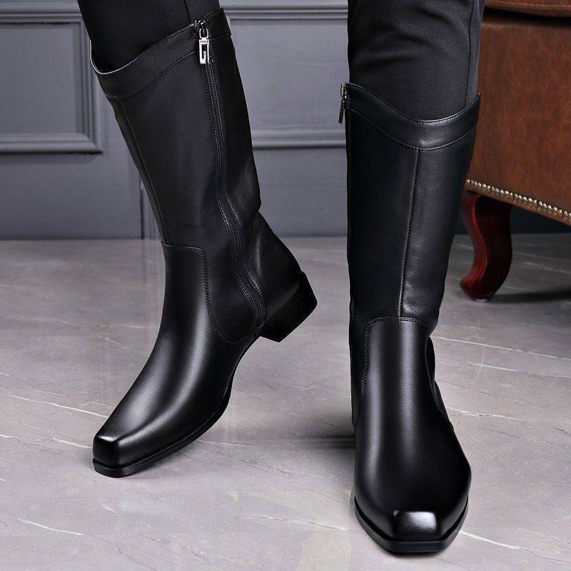 Botas de cuero de caña alta de negocios con punta puntiaguda para hombre