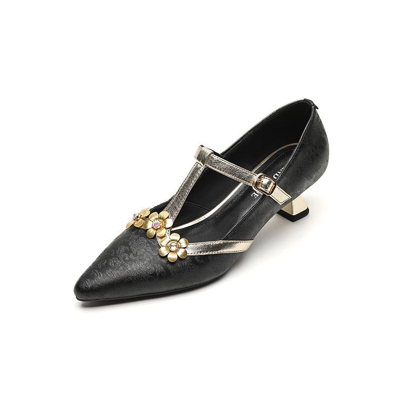 Stiletto Heel T-shaped Flower Leather Pointed High Heel Shoes