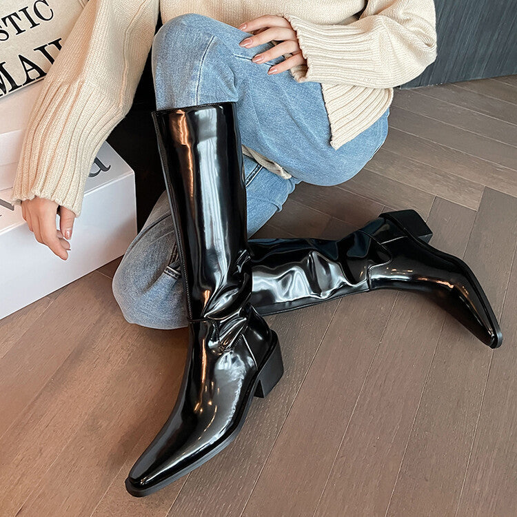 Botas altas de piel de vaca blanca con punta cuadrada, tacón medio y tacón grueso, estilo británico, con cremallera trasera
