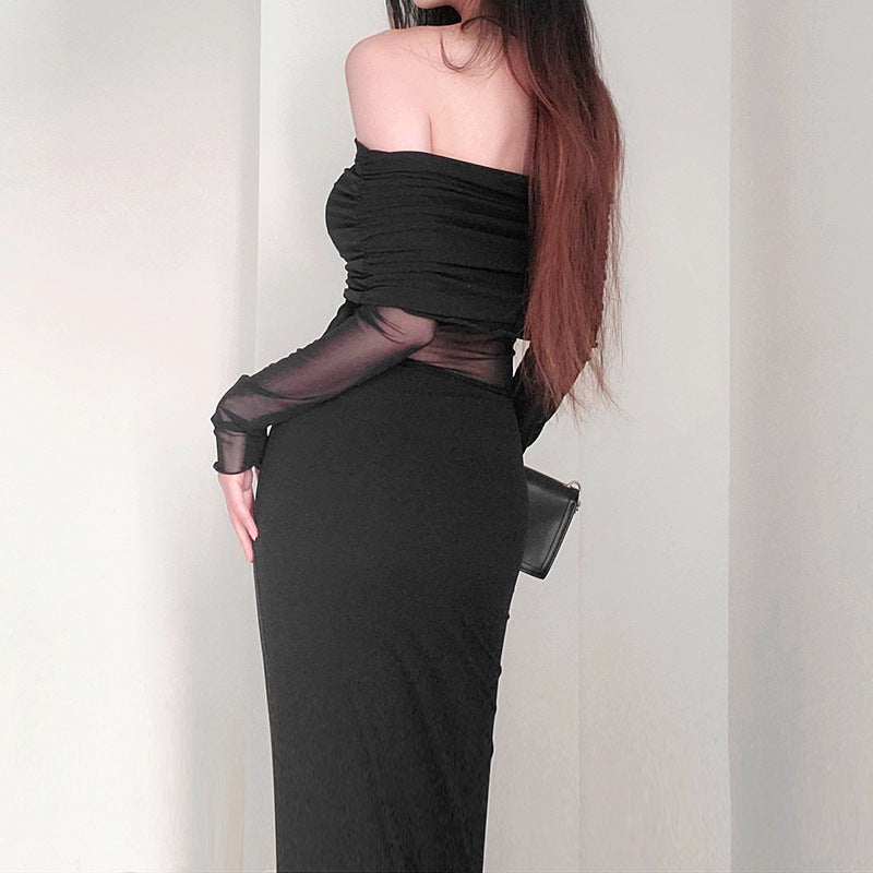 Vestido de poliéster de manga larga, plisado, con hombros descubiertos y sexy para mujer, de invierno