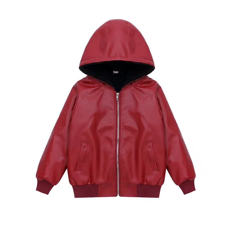 Chaqueta de cuero de PU Abrigo acolchado con capucha para niños