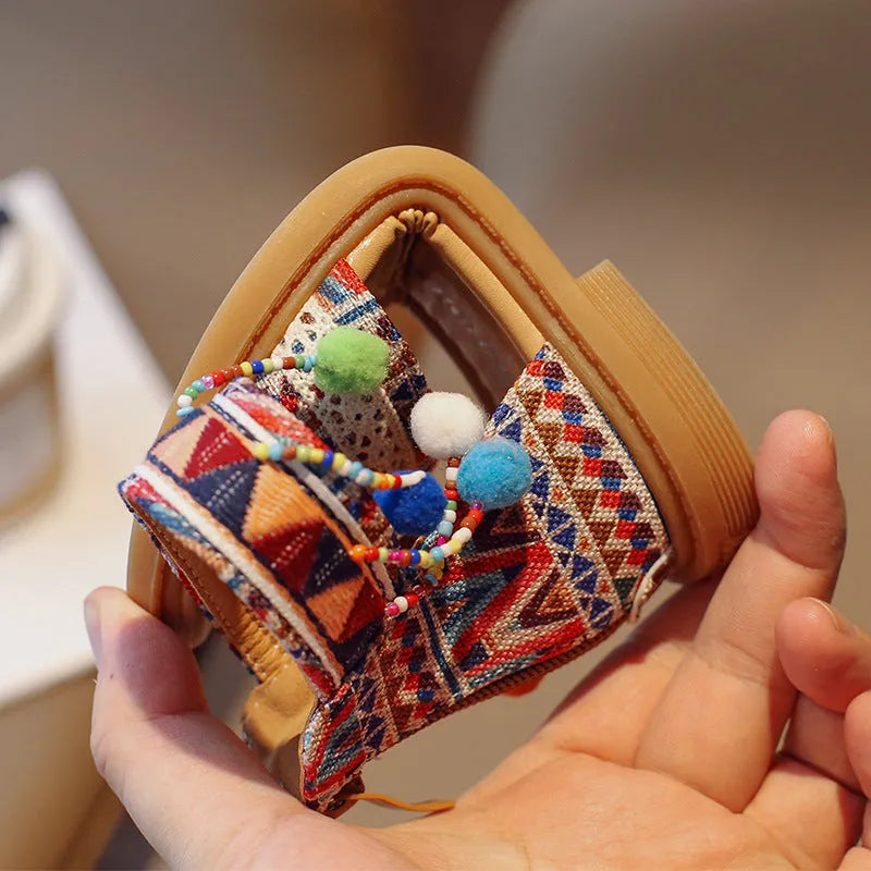 Sandalias de vacaciones de estilo étnico y extranjero para niñas