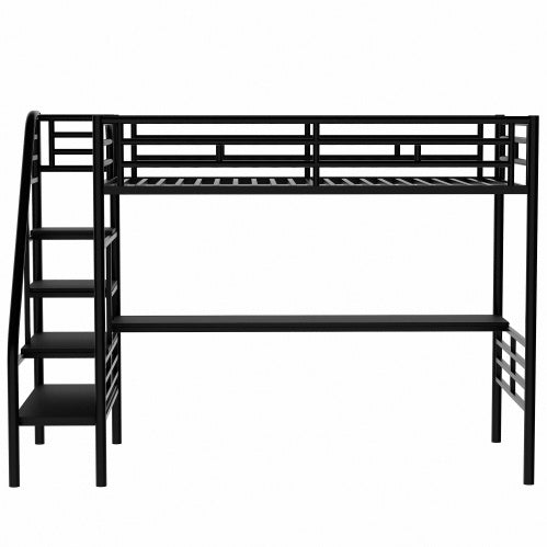 Cama alta de metal con escritorio, sin somier, tamaño individual, color negro