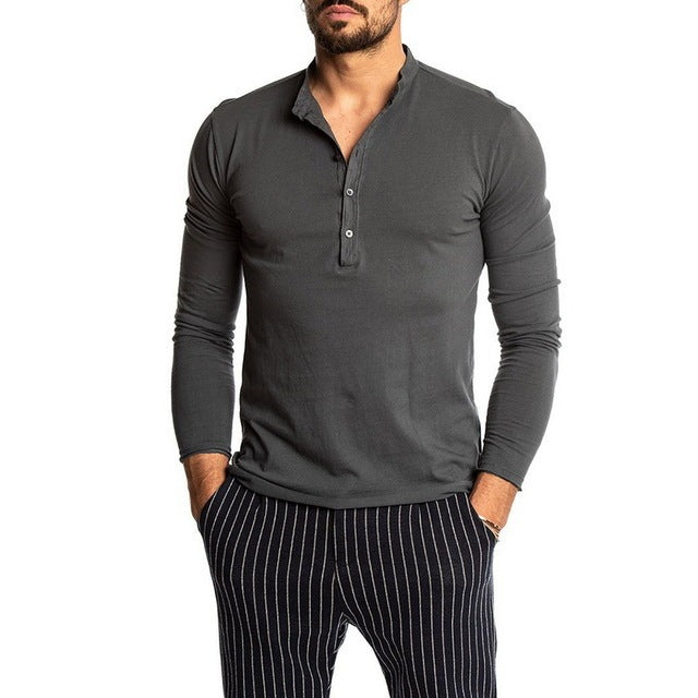 Camisetas con cuello redondo y manga larga de color liso a la moda para hombre