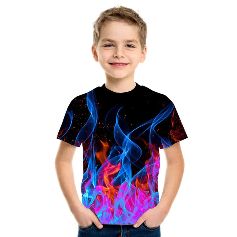 Camiseta de manga corta con estampado 3D de llamas de tres colores para niño nueva
