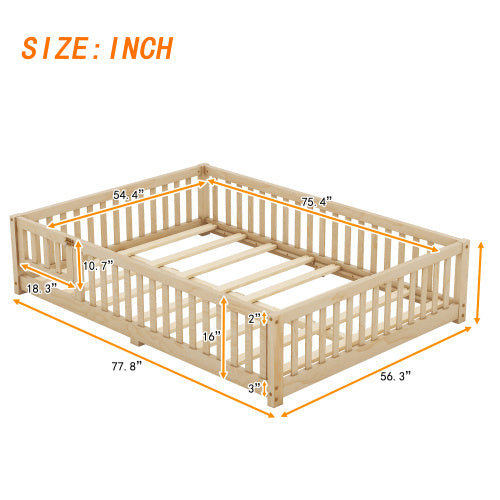 Cama de tamaño completo con barandillas de seguridad y puerta para niños, color natural