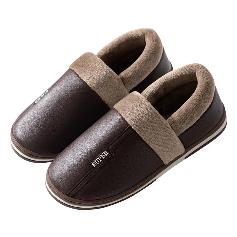 Zapatillas de cuero impermeables con fondo grueso, zapatos cálidos antideslizantes para interiores